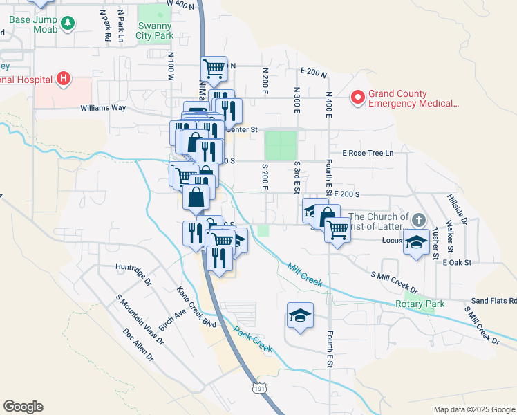 map of restaurants, bars, coffee shops, grocery stores, and more near 260 South 2nd East Street in Moab