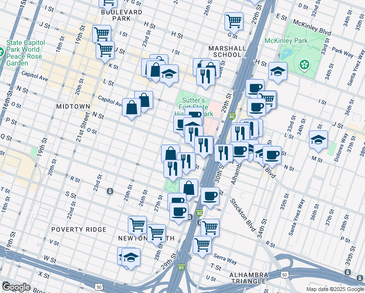 map of restaurants, bars, coffee shops, grocery stores, and more near 2701 N Street in Sacramento