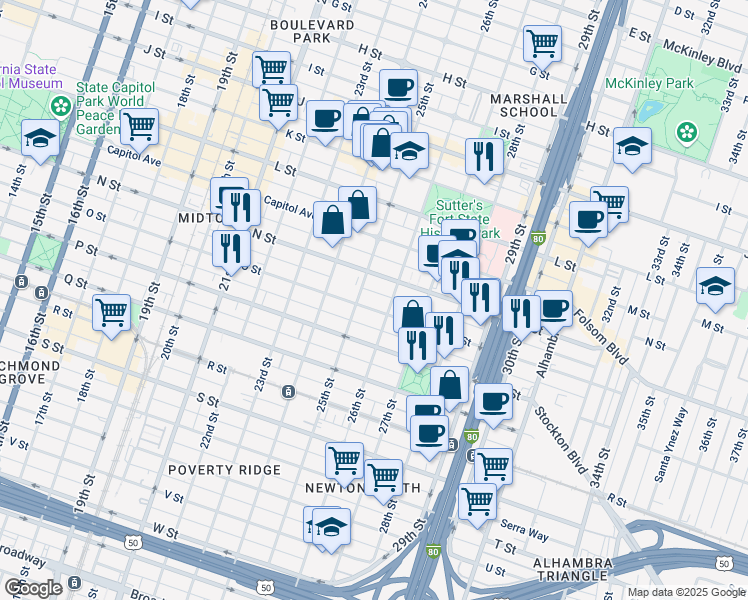 map of restaurants, bars, coffee shops, grocery stores, and more near 2521 O Street in Sacramento