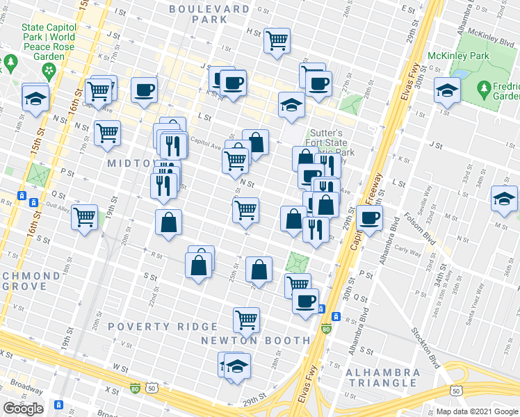 map of restaurants, bars, coffee shops, grocery stores, and more near 2430 O Street in Sacramento