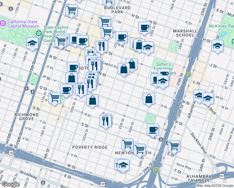 map of restaurants, bars, coffee shops, grocery stores, and more near 1512 24th Street in Sacramento
