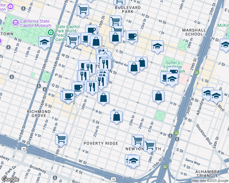 map of restaurants, bars, coffee shops, grocery stores, and more near 1520 23rd Street in Sacramento