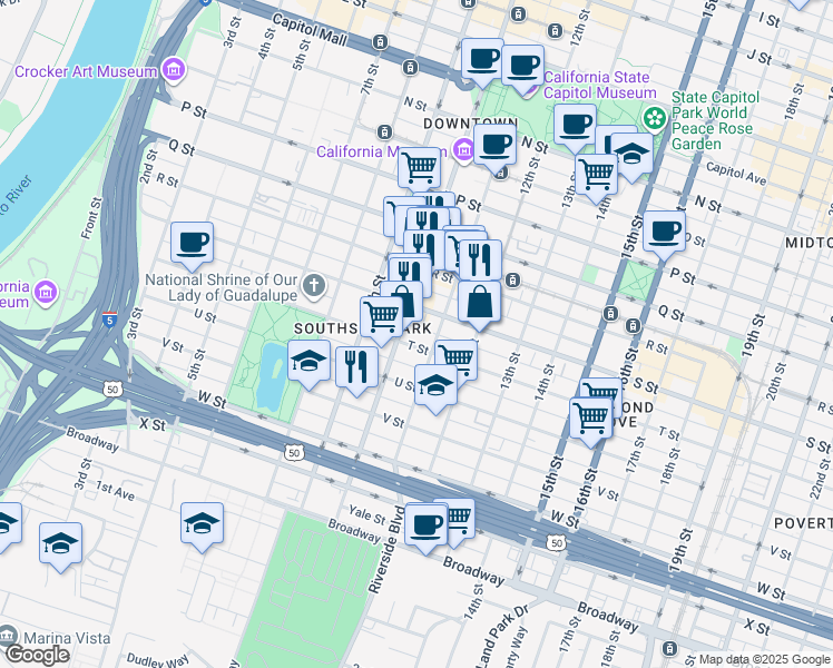 map of restaurants, bars, coffee shops, grocery stores, and more near 1916 11th Street in Sacramento