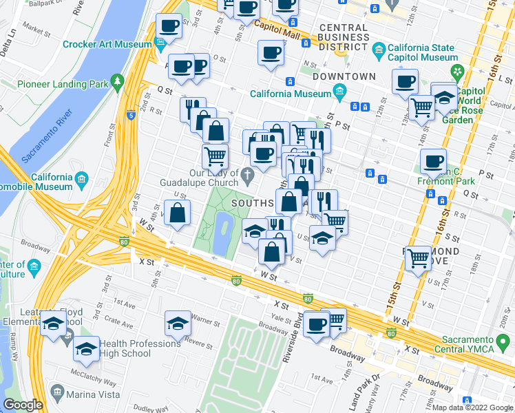 map of restaurants, bars, coffee shops, grocery stores, and more near 2025 8th Street in Sacramento