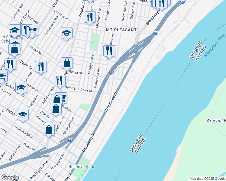 map of restaurants, bars, coffee shops, grocery stores, and more near 4751 South Broadway in St. Louis