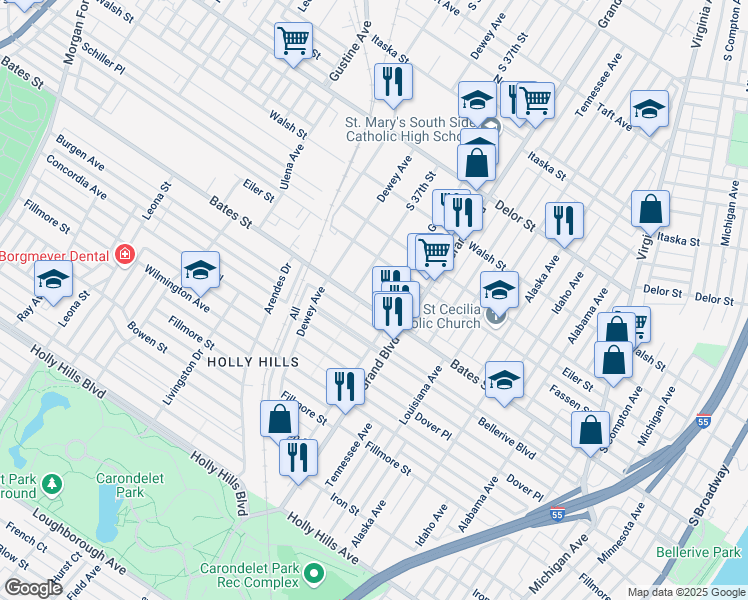 map of restaurants, bars, coffee shops, grocery stores, and more near 5532 Grace Avenue in St. Louis