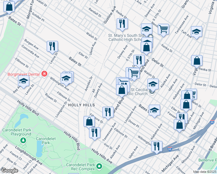 map of restaurants, bars, coffee shops, grocery stores, and more near 3660 Bates Street in St. Louis