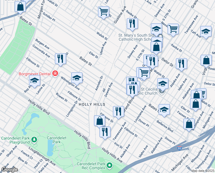 map of restaurants, bars, coffee shops, grocery stores, and more near 3697 Bellerive Boulevard in St. Louis