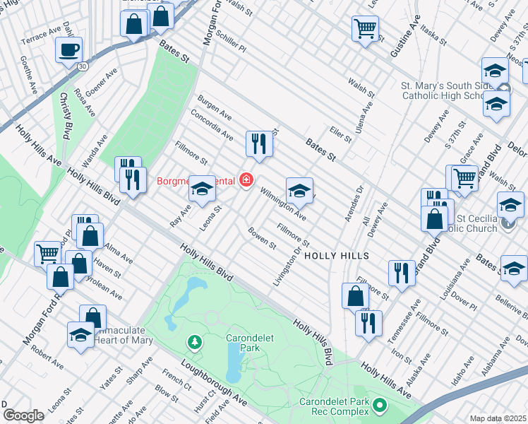 map of restaurants, bars, coffee shops, grocery stores, and more near 5931 Coronado Avenue in St. Louis