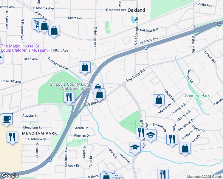 map of restaurants, bars, coffee shops, grocery stores, and more near 9822 Big Bend Road in St. Louis
