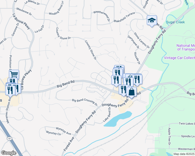 map of restaurants, bars, coffee shops, grocery stores, and more near 1042 Huntington Hill Drive in Ballwin