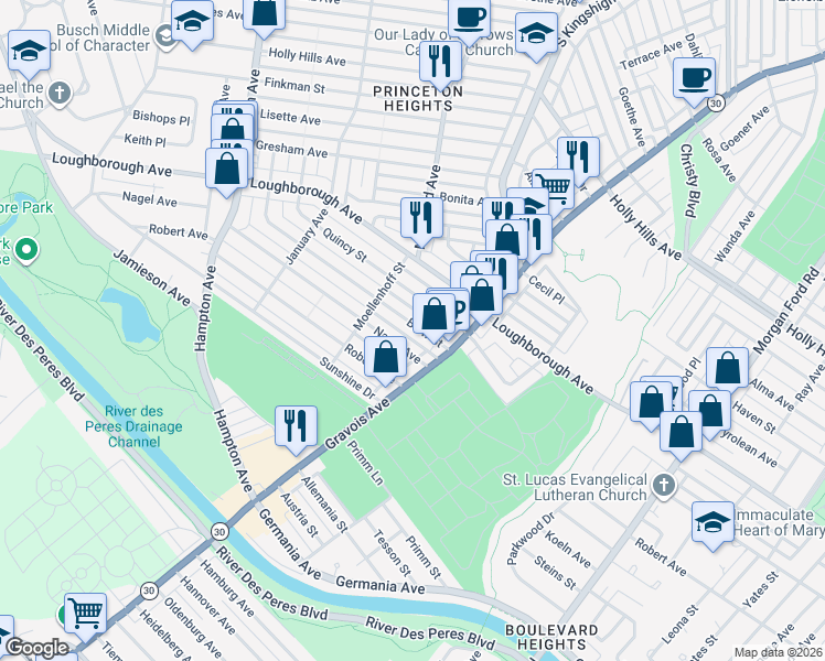map of restaurants, bars, coffee shops, grocery stores, and more near 4944 Blow Street in St. Louis