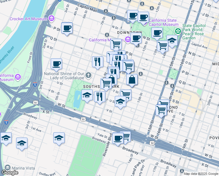 map of restaurants, bars, coffee shops, grocery stores, and more near 931 T Street in Sacramento