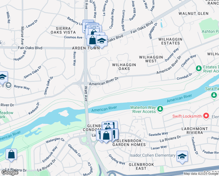 map of restaurants, bars, coffee shops, grocery stores, and more near 3600 American River Drive in Sacramento