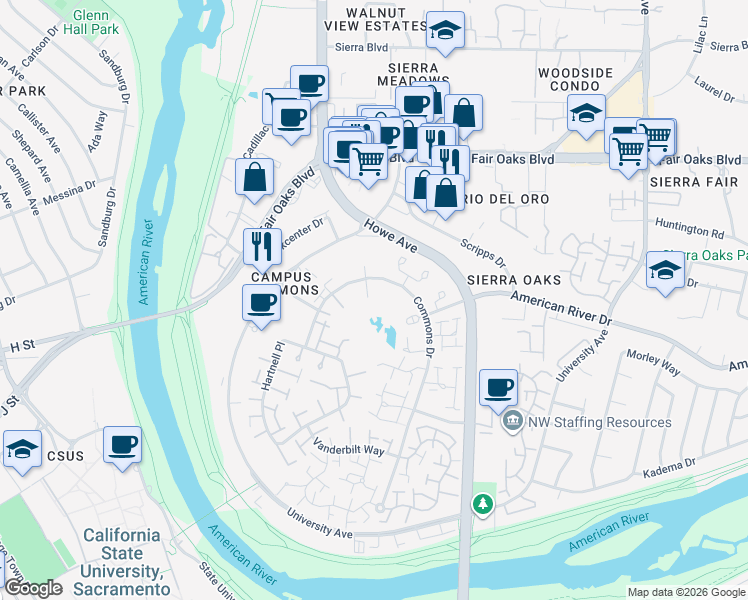 map of restaurants, bars, coffee shops, grocery stores, and more near 826 Commons Drive in Sacramento
