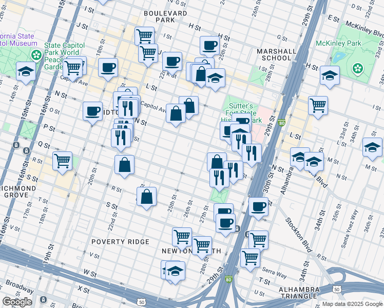 map of restaurants, bars, coffee shops, grocery stores, and more near 2430 O Street in Sacramento