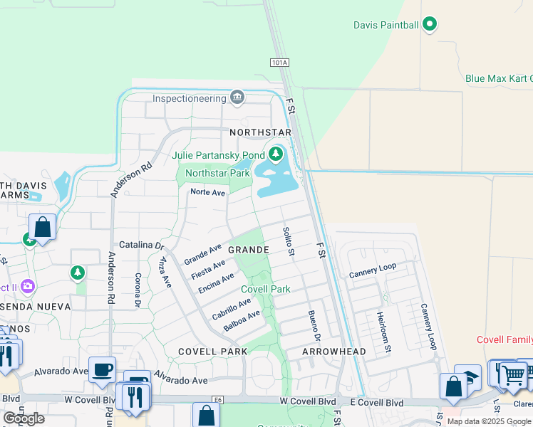 map of restaurants, bars, coffee shops, grocery stores, and more near 220 Luz Place in Davis