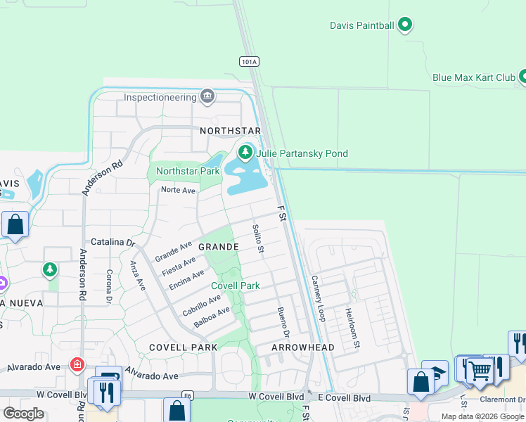 map of restaurants, bars, coffee shops, grocery stores, and more near 131 Grande Avenue in Davis