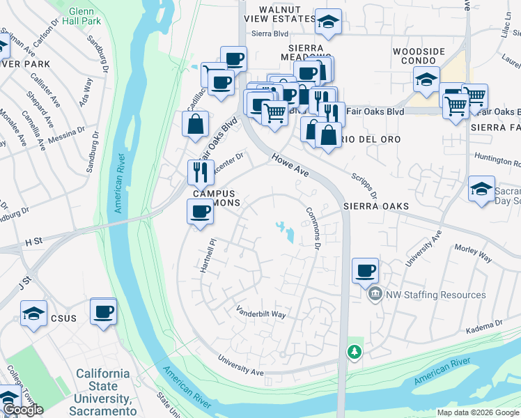 map of restaurants, bars, coffee shops, grocery stores, and more near 734 Commons Drive in Sacramento