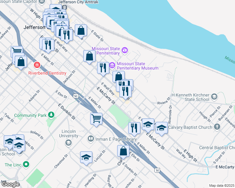 map of restaurants, bars, coffee shops, grocery stores, and more near 818 East High Street in Jefferson City