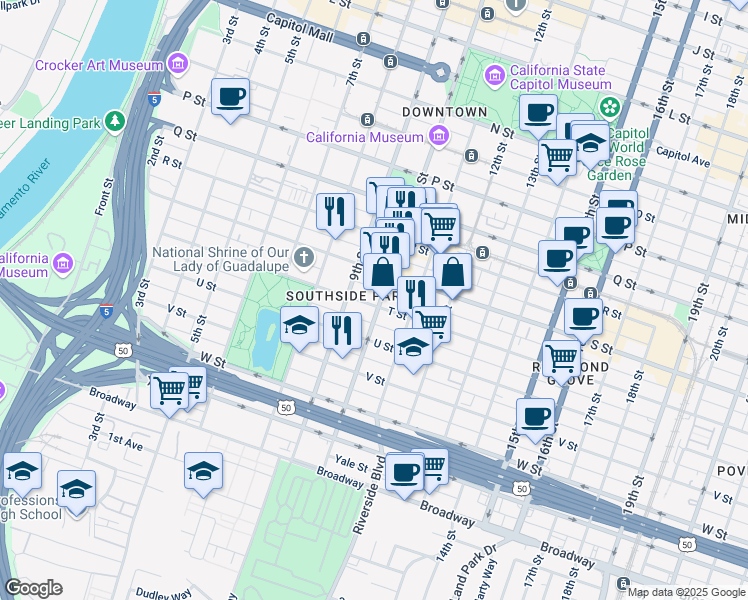 map of restaurants, bars, coffee shops, grocery stores, and more near 927 T Street in Sacramento