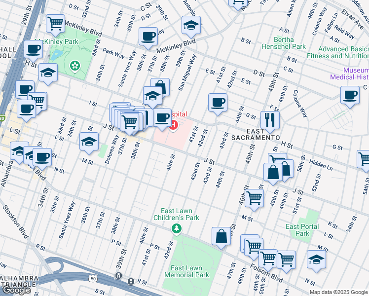 map of restaurants, bars, coffee shops, grocery stores, and more near 962 41st Street in Sacramento