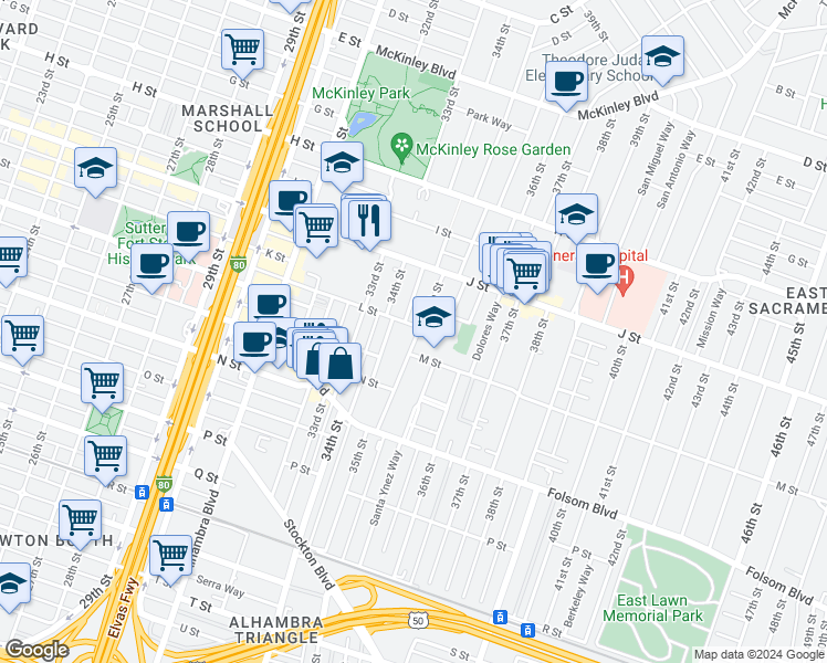 map of restaurants, bars, coffee shops, grocery stores, and more near 3462 L Street in Sacramento