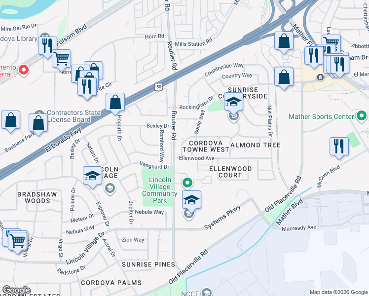 map of restaurants, bars, coffee shops, grocery stores, and more near 10112 Crawford Way in Sacramento