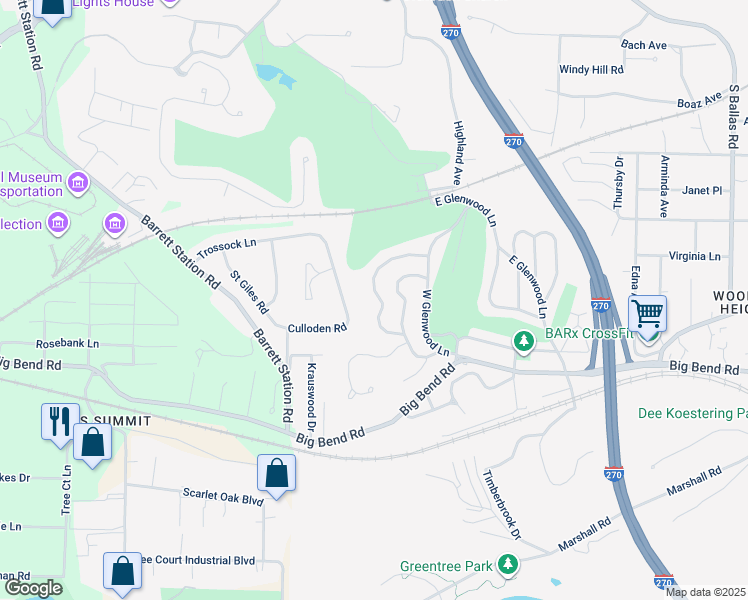 map of restaurants, bars, coffee shops, grocery stores, and more near 57 Wildwood Ln in St Louis