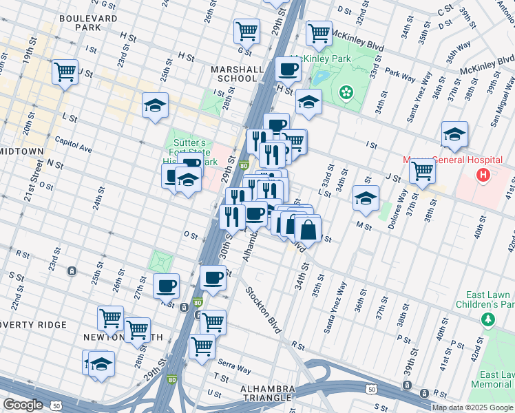 map of restaurants, bars, coffee shops, grocery stores, and more near 3075 Capitol Avenue in Sacramento