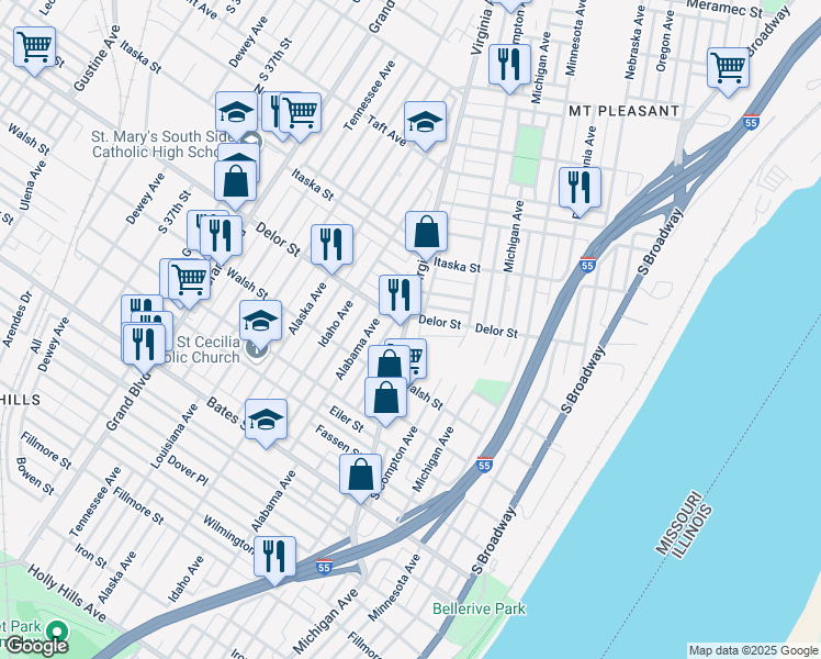 map of restaurants, bars, coffee shops, grocery stores, and more near 5010 Virginia Avenue in St. Louis