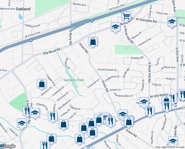 map of restaurants, bars, coffee shops, grocery stores, and more near 615 Clover Lane in St. Louis