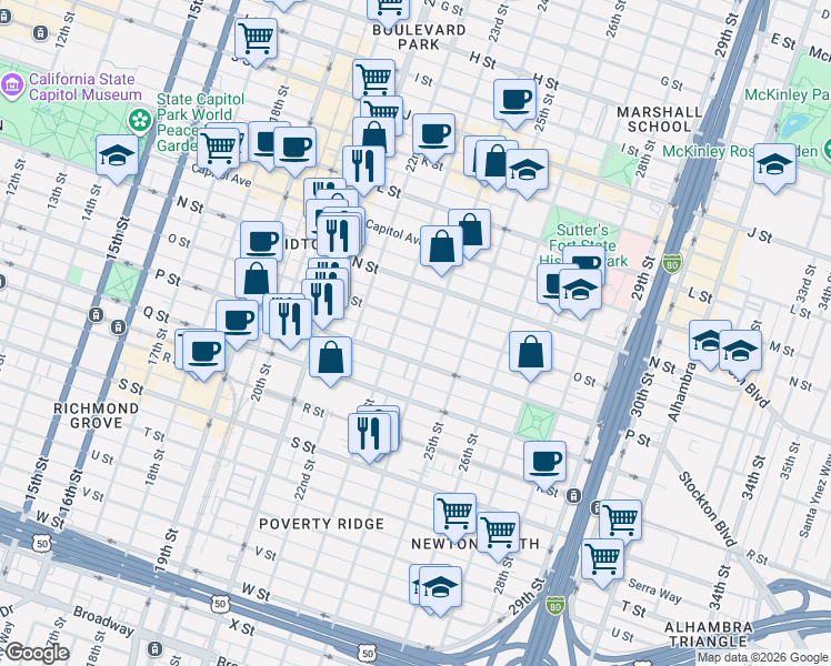 map of restaurants, bars, coffee shops, grocery stores, and more near 2318 O Street in Sacramento