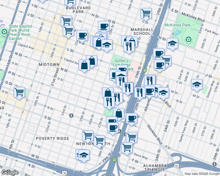 map of restaurants, bars, coffee shops, grocery stores, and more near 2620 N Street in Sacramento
