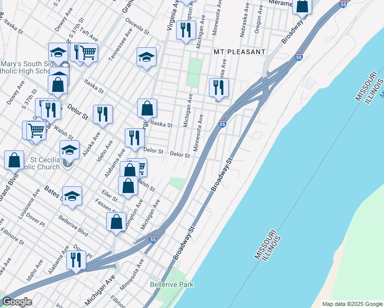 map of restaurants, bars, coffee shops, grocery stores, and more near 4759 Minnesota Avenue in St. Louis