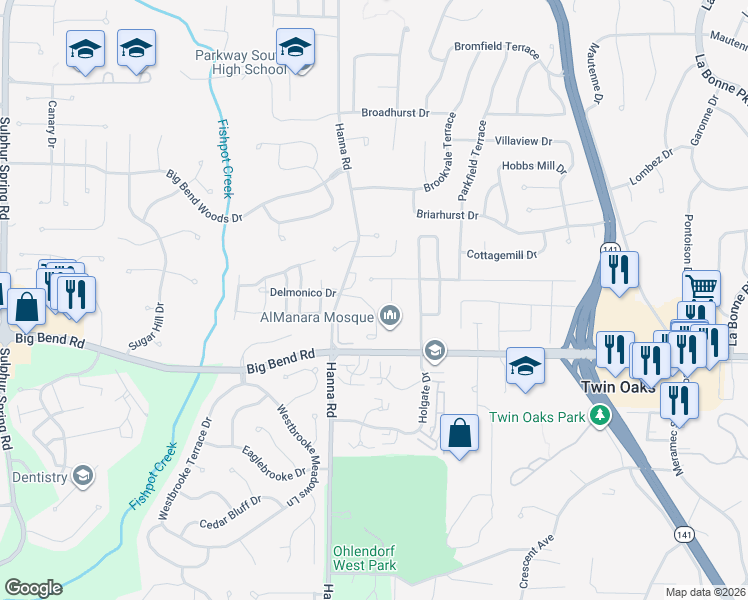map of restaurants, bars, coffee shops, grocery stores, and more near 934 Hanna Bend Court in Ballwin