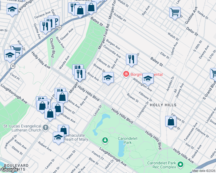 map of restaurants, bars, coffee shops, grocery stores, and more near 6131 Leona Street in St. Louis