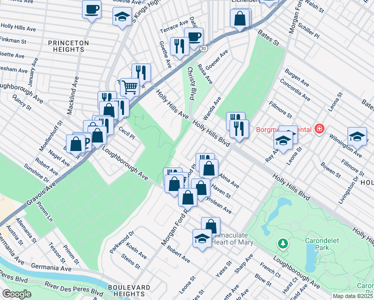 map of restaurants, bars, coffee shops, grocery stores, and more near 6465 Wanda Avenue in St. Louis