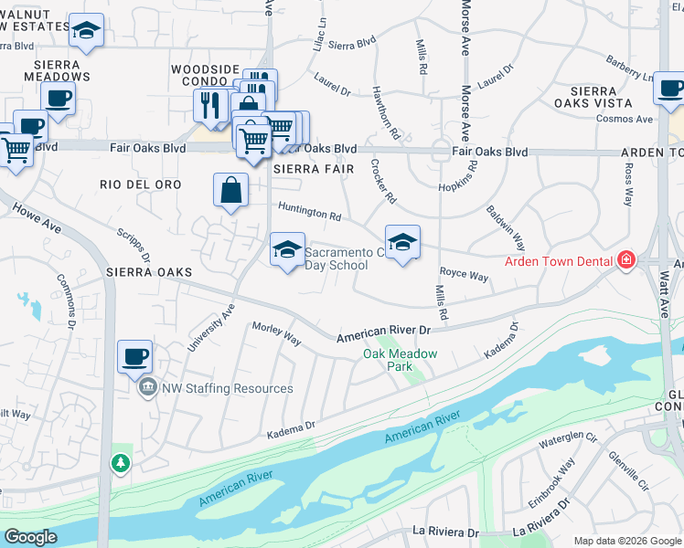 map of restaurants, bars, coffee shops, grocery stores, and more near 2708 Latham Drive in Sacramento