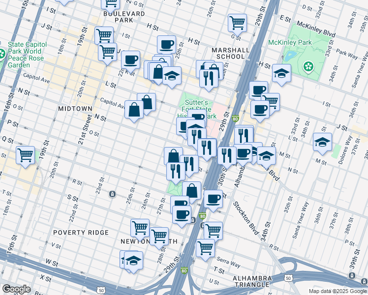 map of restaurants, bars, coffee shops, grocery stores, and more near 2620 N Street in Sacramento