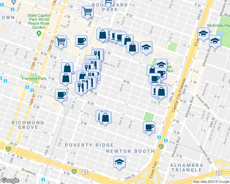 map of restaurants, bars, coffee shops, grocery stores, and more near 1512 24th Street in Sacramento