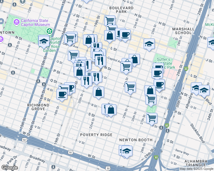 map of restaurants, bars, coffee shops, grocery stores, and more near 1520 23rd Street in Sacramento