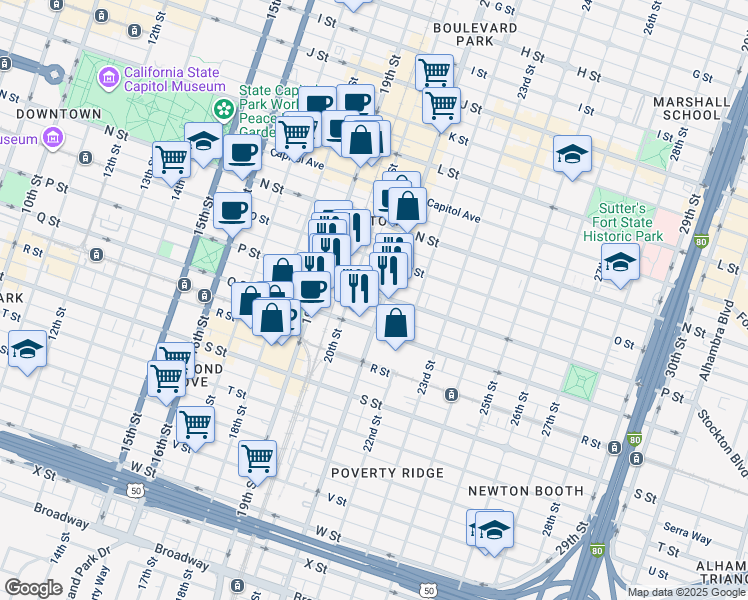 map of restaurants, bars, coffee shops, grocery stores, and more near 2026 P Street in Sacramento