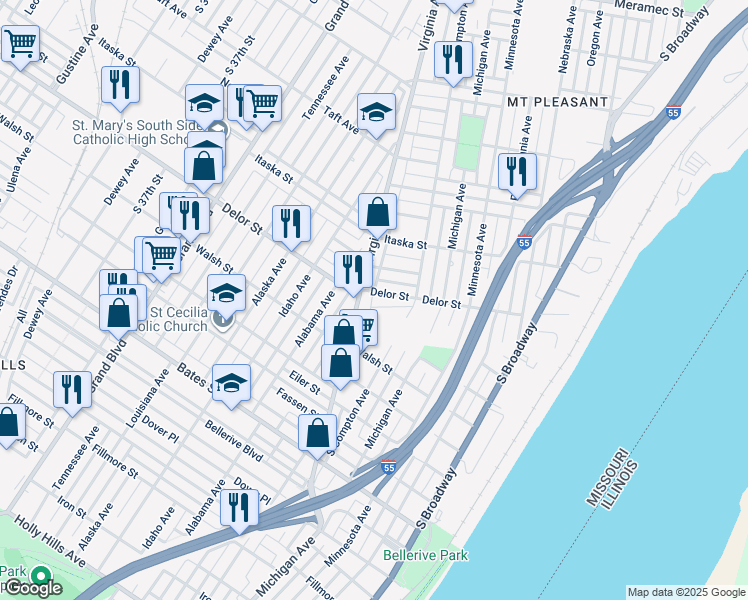 map of restaurants, bars, coffee shops, grocery stores, and more near 5010 Virginia Avenue in St. Louis