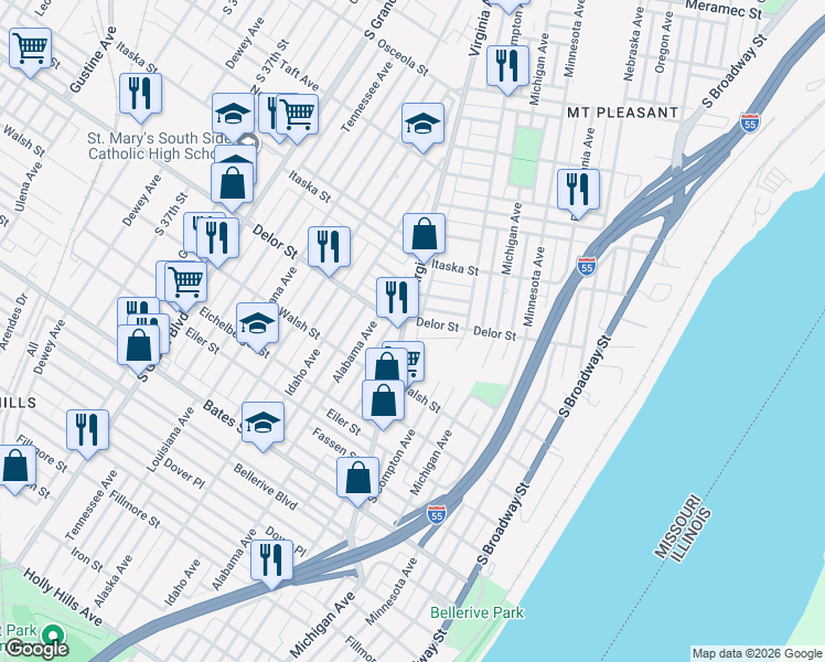 map of restaurants, bars, coffee shops, grocery stores, and more near 5010 Virginia Avenue in St. Louis