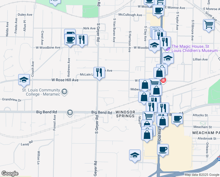 map of restaurants, bars, coffee shops, grocery stores, and more near 411 Rollingwood Lane in Kirkwood