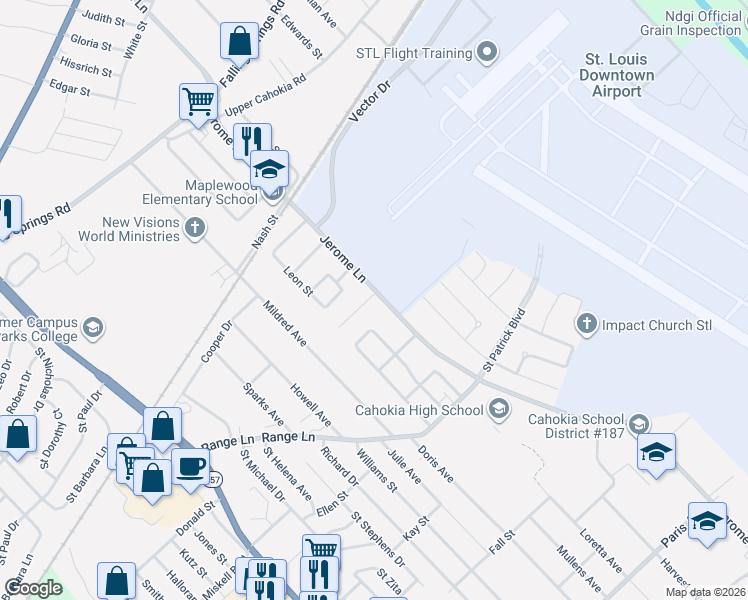 map of restaurants, bars, coffee shops, grocery stores, and more near 802 Jerome Lane in Cahokia