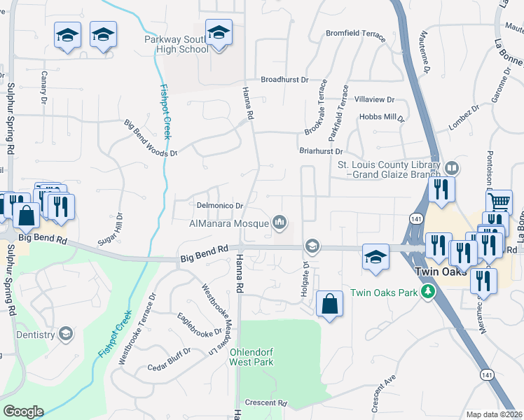 map of restaurants, bars, coffee shops, grocery stores, and more near 931 Hanna Bend Court in Ballwin