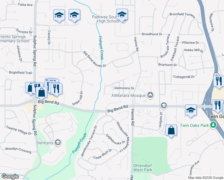 map of restaurants, bars, coffee shops, grocery stores, and more near 984 Silversprings Lane in Ballwin