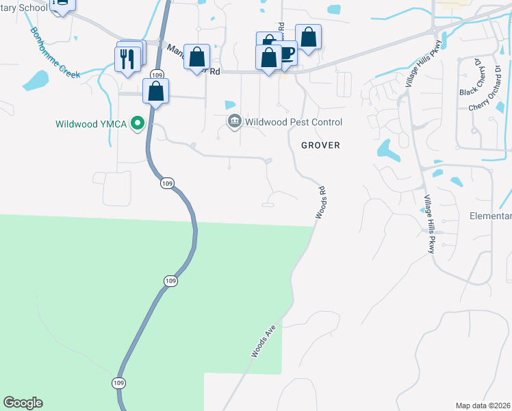 map of restaurants, bars, coffee shops, grocery stores, and more near 2853 Westridge Oaks Court in Wildwood